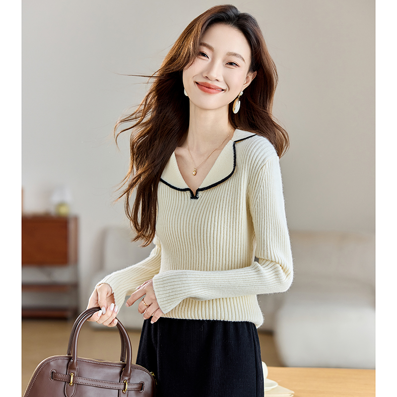 Mixed colors niche sweater lapel doll shirt for women