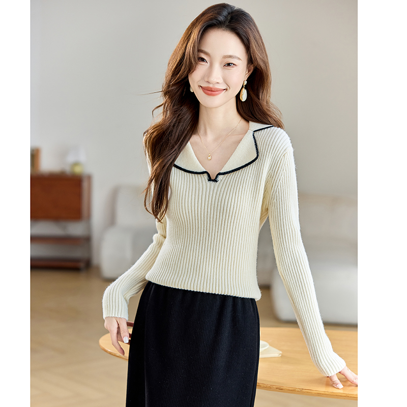 Mixed colors niche sweater lapel doll shirt for women