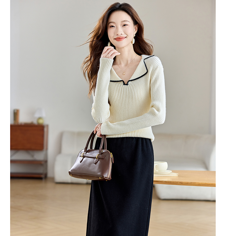 Mixed colors niche sweater lapel doll shirt for women