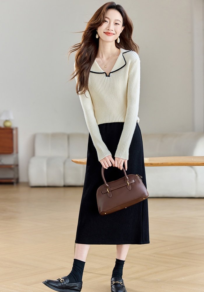 Mixed colors niche sweater lapel doll shirt for women