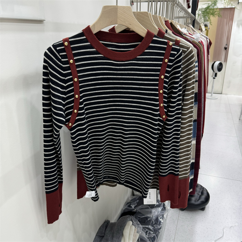 Mixed colors long sleeve sweater slim stripe tops for women