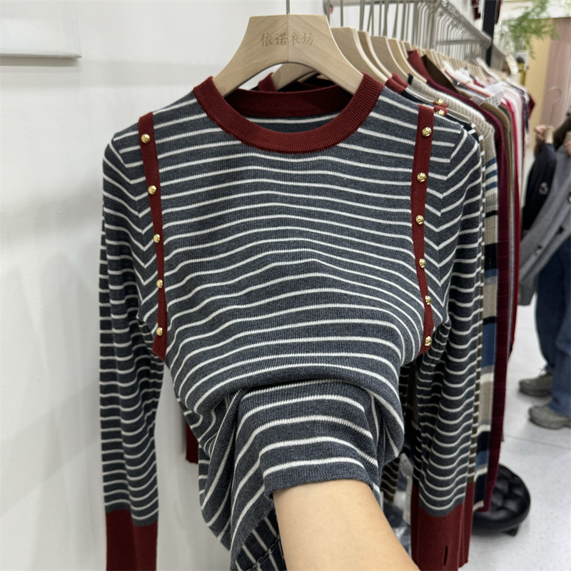 Mixed colors long sleeve sweater slim stripe tops for women