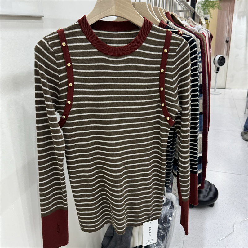 Mixed colors long sleeve sweater slim stripe tops for women