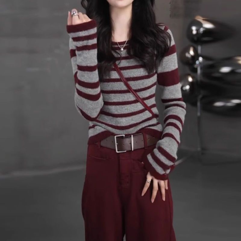 Fashion stripe tops slim round neck sweater for women