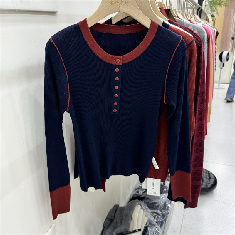 Korean style autumn and winter tops splice round neck cardigan