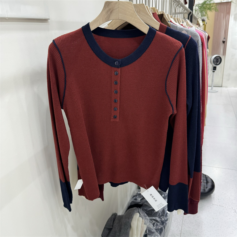 Korean style autumn and winter tops splice round neck cardigan