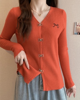 Bow black V-neck knitted autumn and winter tops