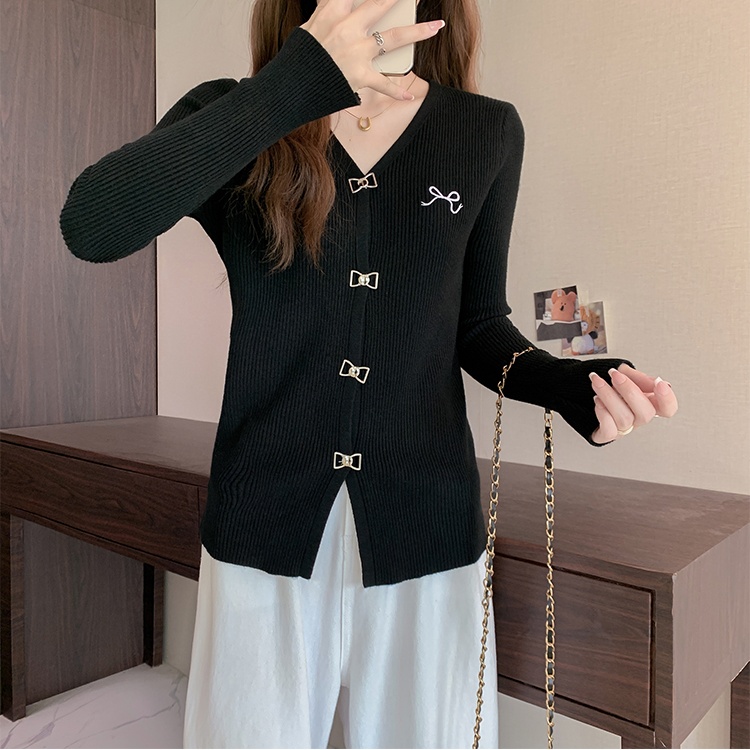 Bow black V-neck knitted autumn and winter tops