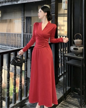 Pinched waist temperament big skirt fold slim dress