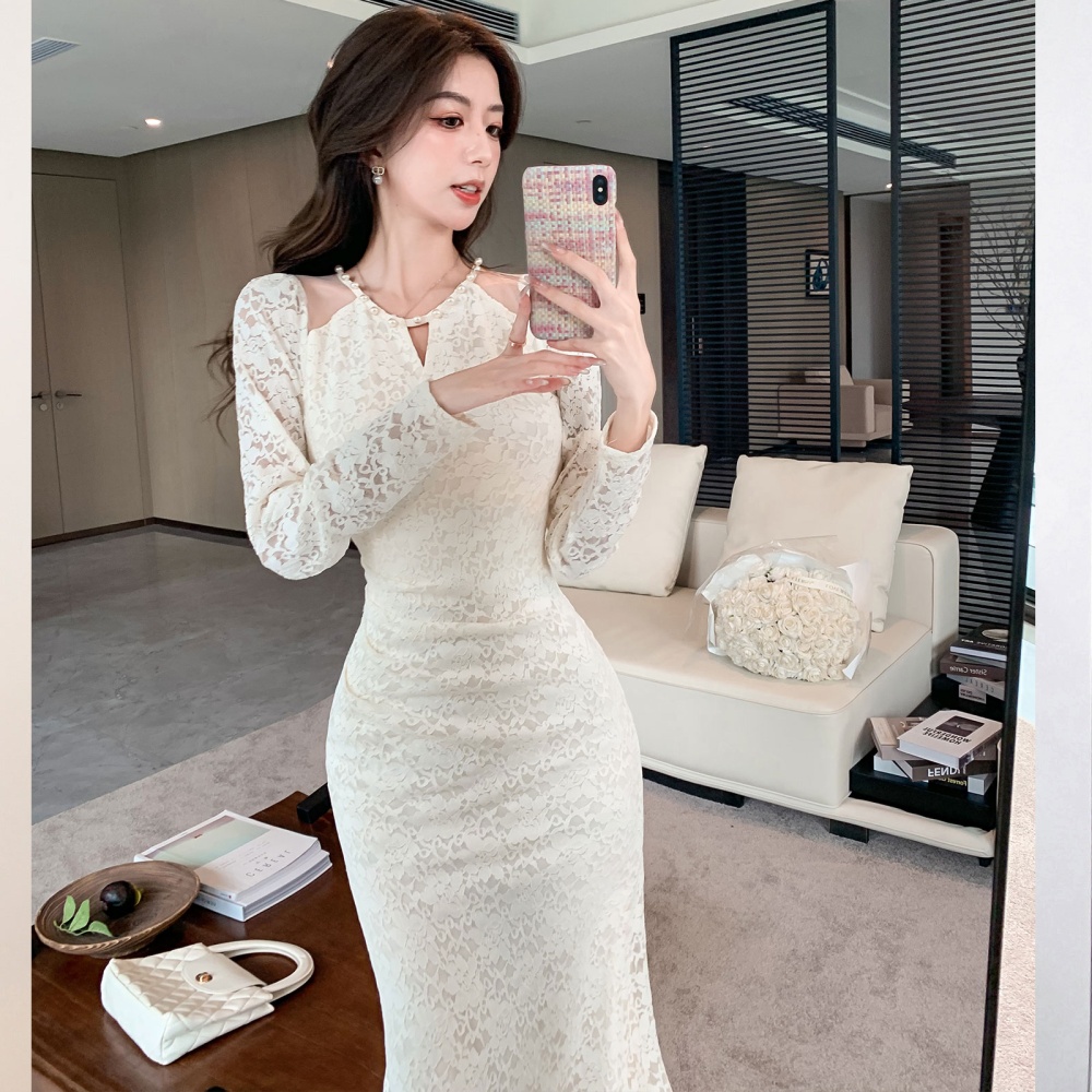 V-neck pinched waist dress slim beading long dress