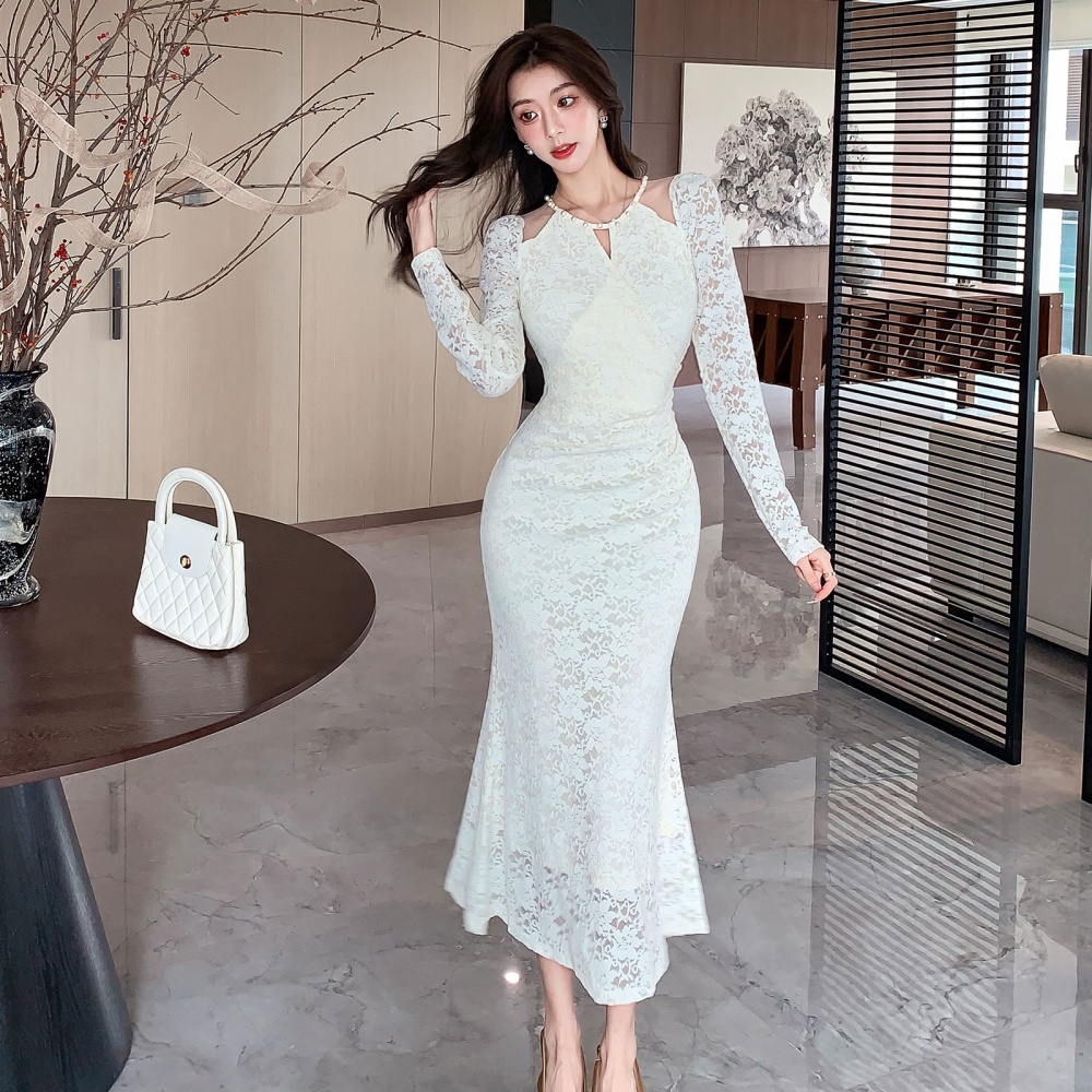 V-neck pinched waist dress slim beading long dress