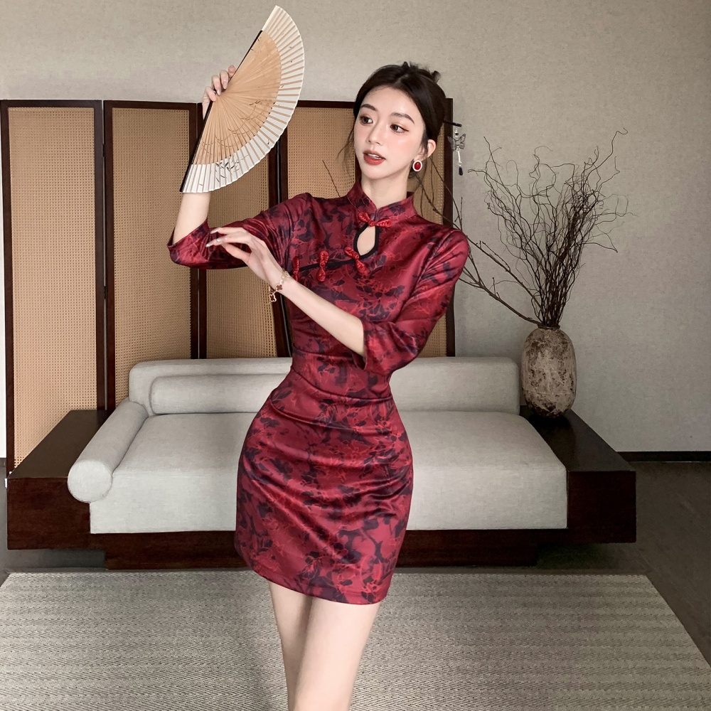 A-line short sleeve cheongsam autumn slim T-back