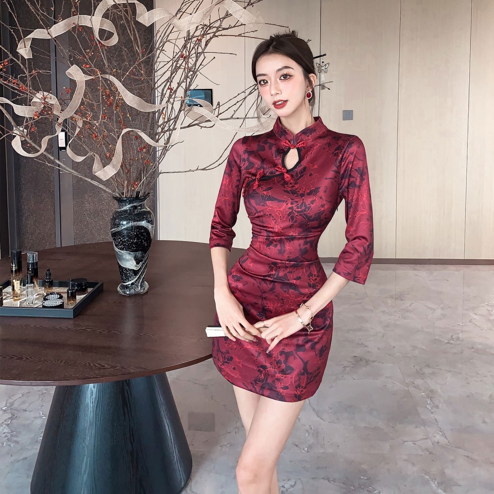 A-line short sleeve cheongsam autumn slim T-back