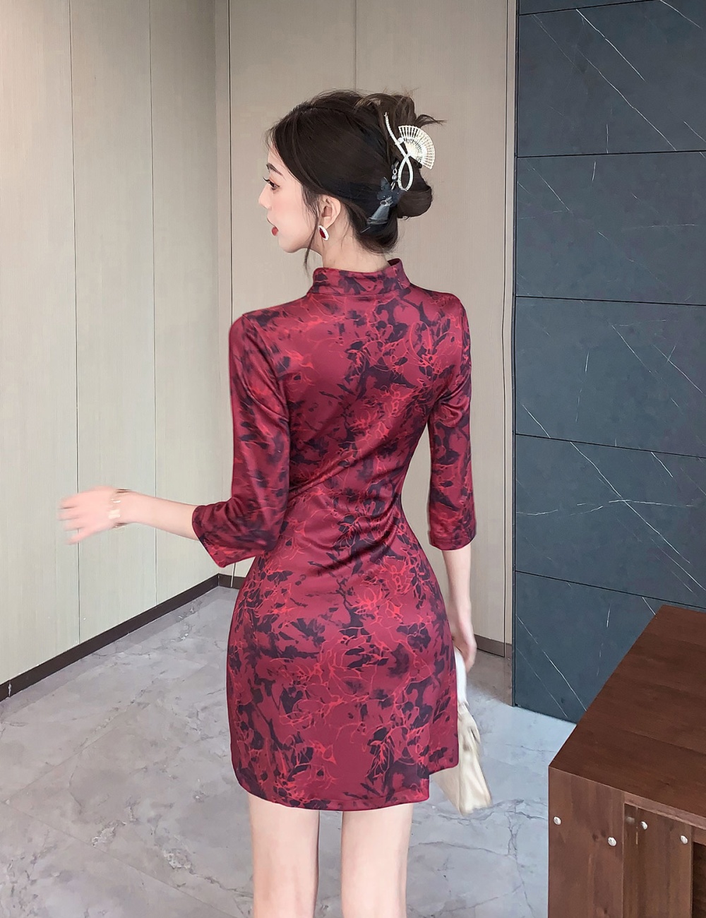 A-line short sleeve cheongsam autumn slim T-back