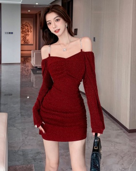 Strapless red sling dress liangsi long sleeve chain T-back