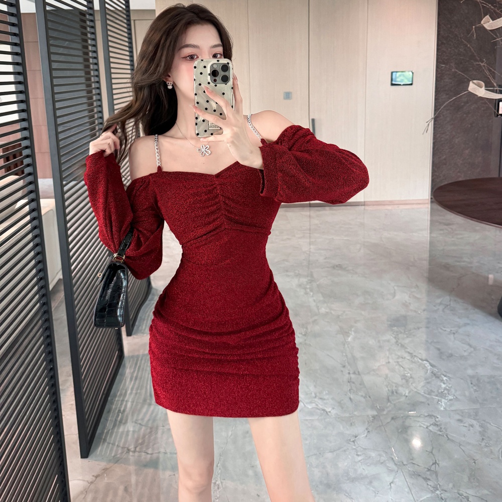 Strapless red sling dress liangsi long sleeve chain T-back