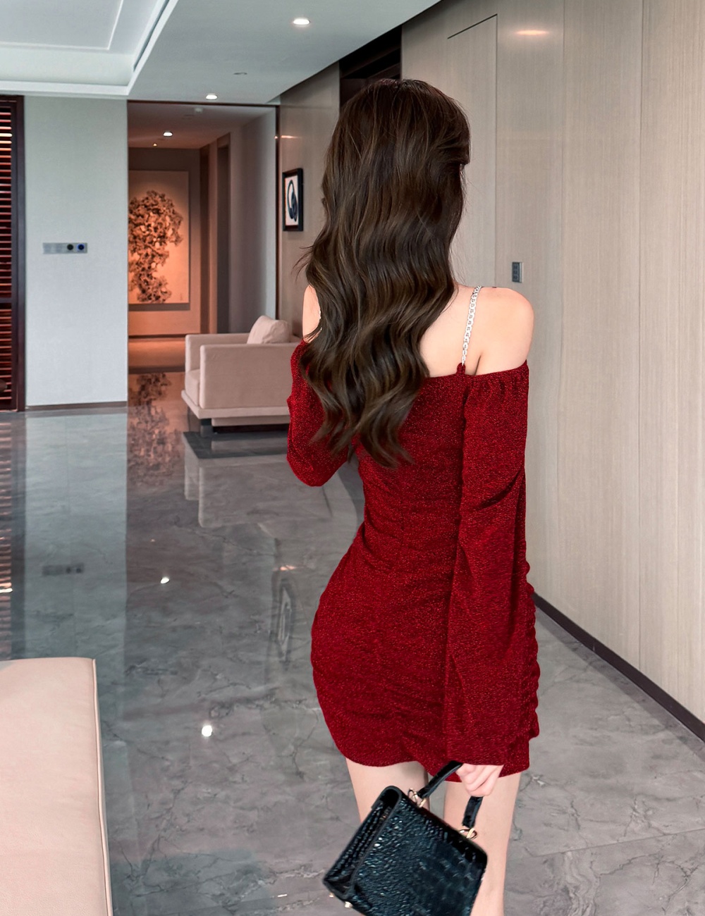 Strapless red sling dress liangsi long sleeve chain T-back