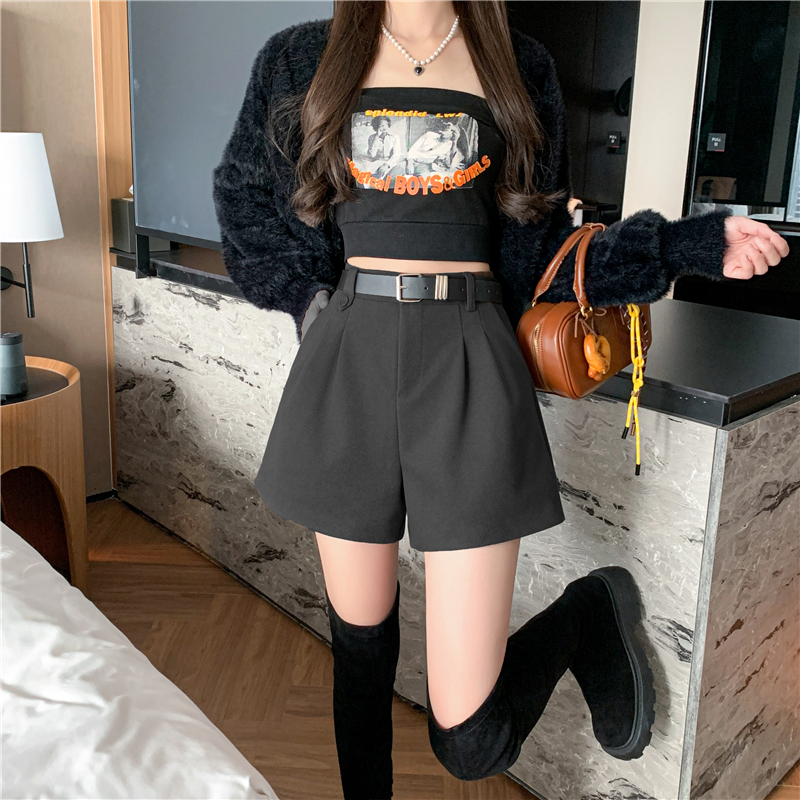 Woolen winter slim with belt high waist shorts