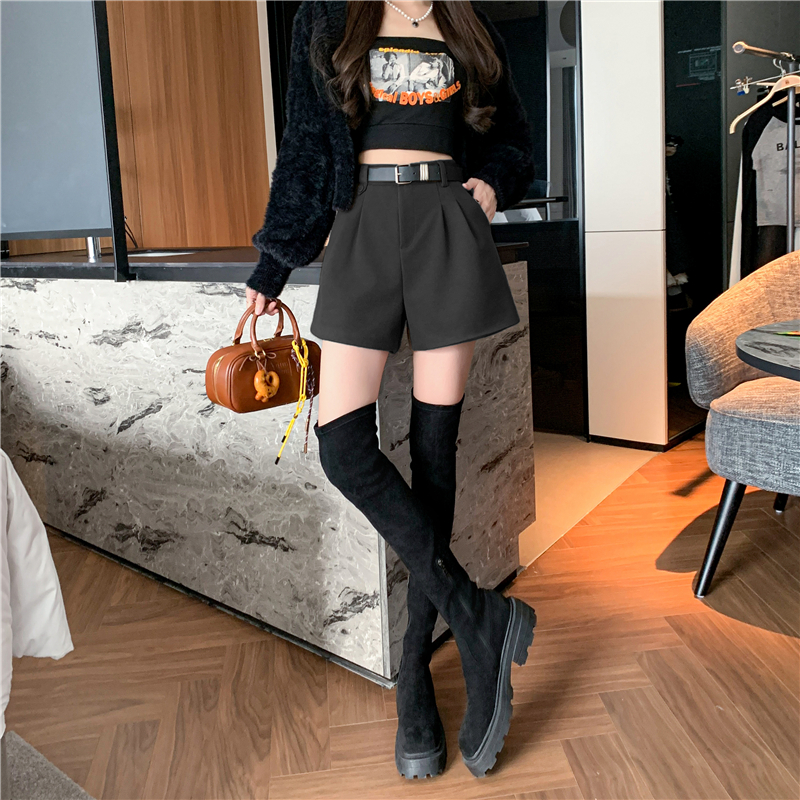 Woolen winter slim with belt high waist shorts