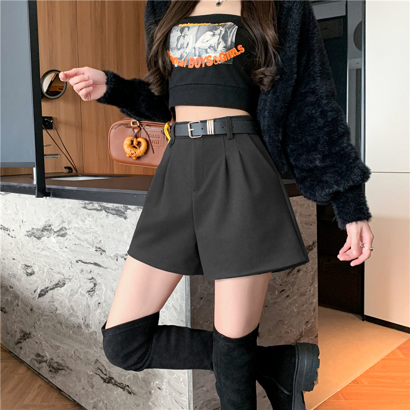 Woolen winter slim with belt high waist shorts