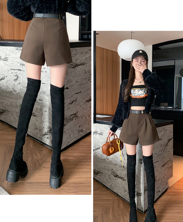 Woolen winter slim with belt high waist shorts