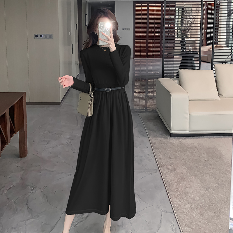 Knitted long pinched waist dress temperament A-line sweater