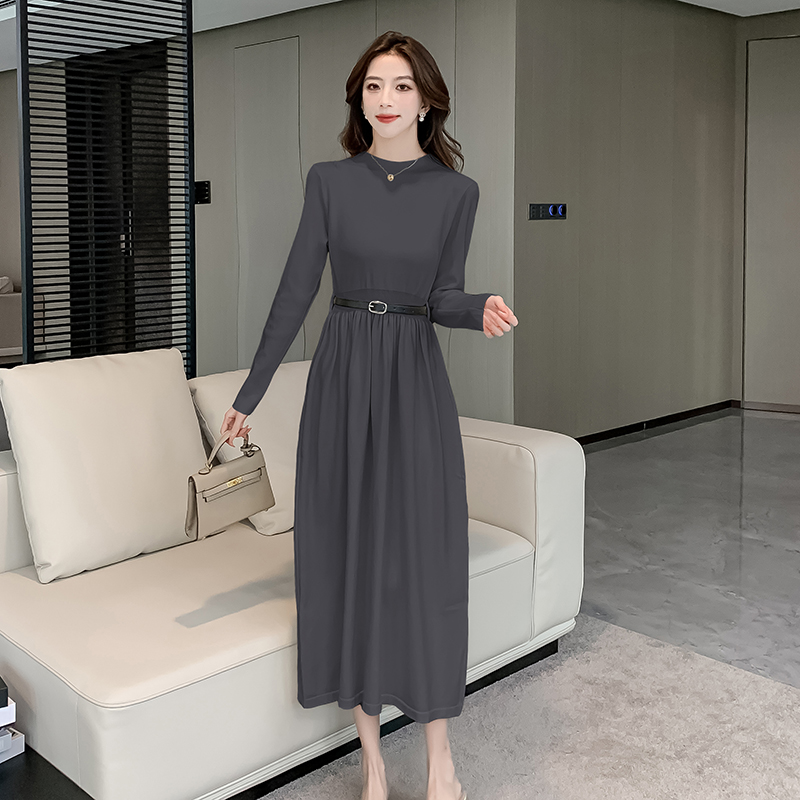 Knitted long pinched waist dress temperament A-line sweater