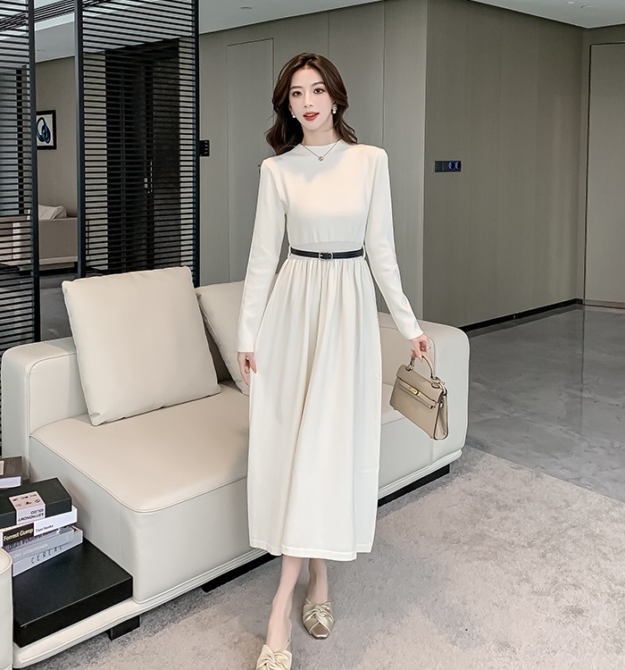 Knitted long pinched waist dress temperament A-line sweater