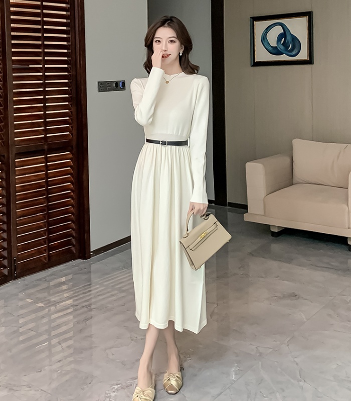 Knitted long pinched waist dress temperament A-line sweater