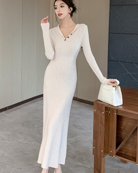 Casual ladies hooded dress slim knitted long dress