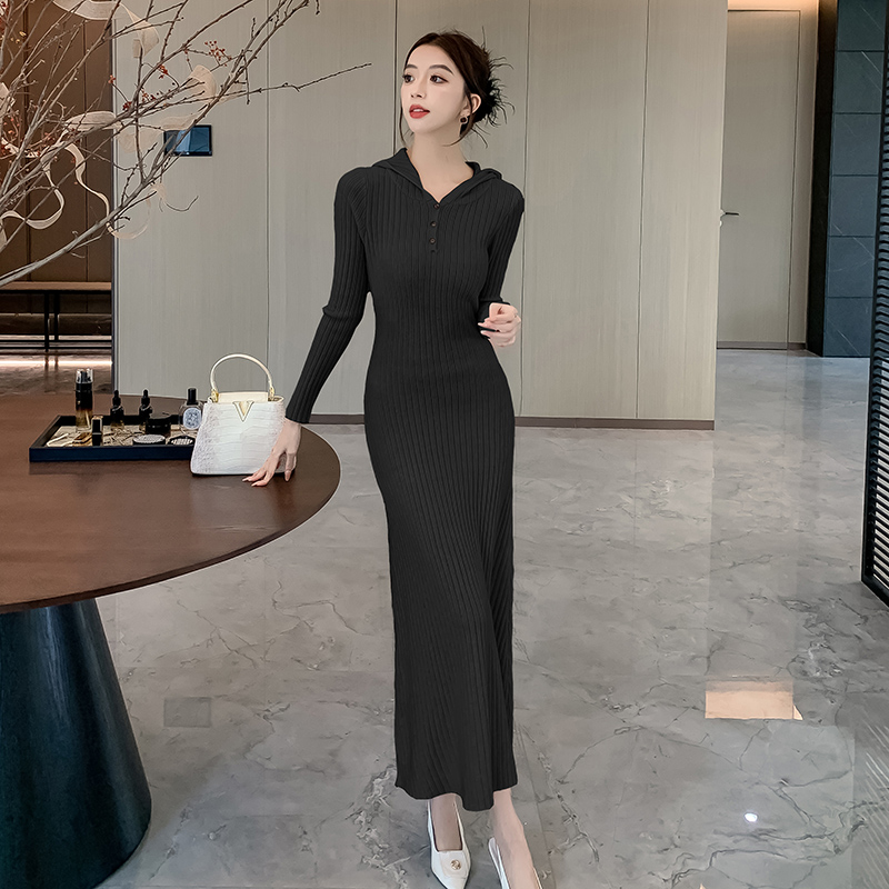 Casual ladies hooded dress slim knitted long dress