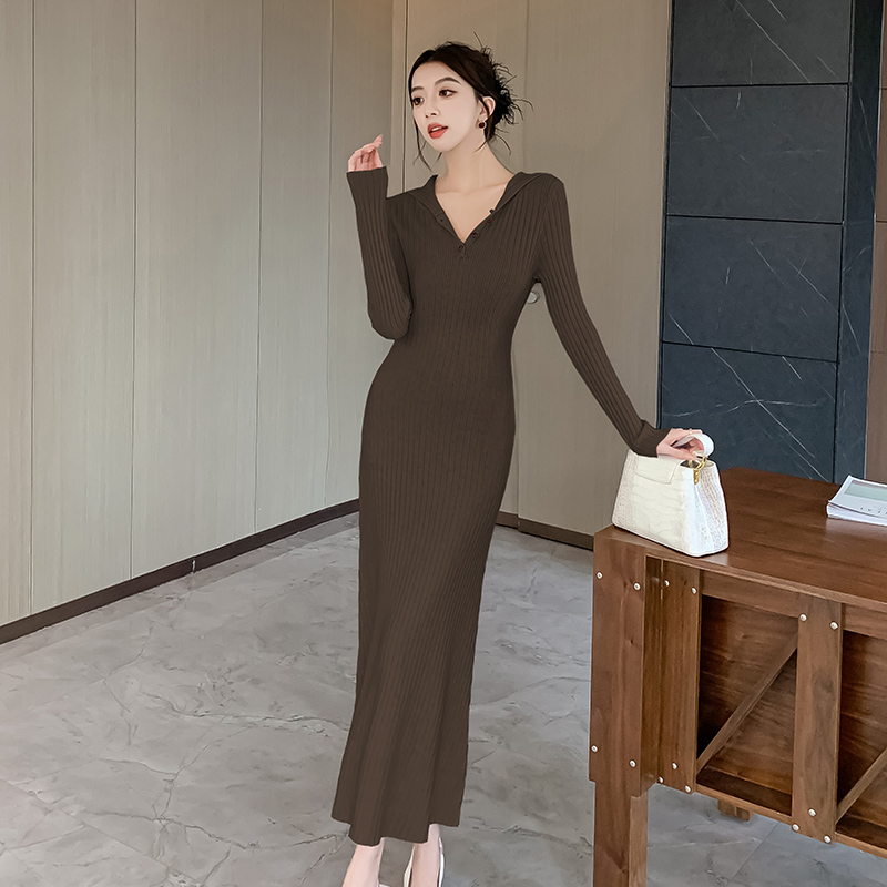 Casual ladies hooded dress slim knitted long dress