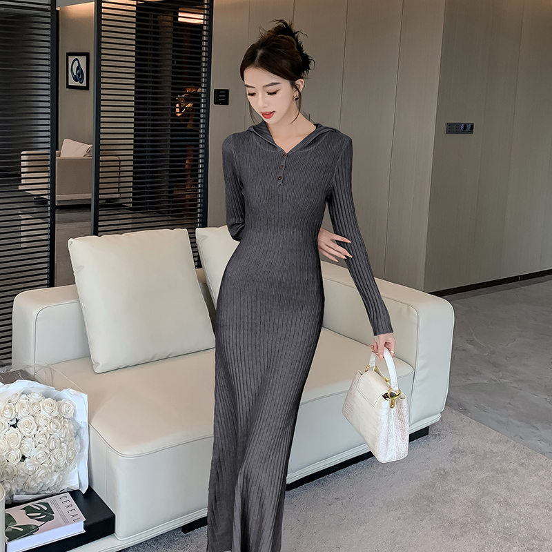 Casual ladies hooded dress slim knitted long dress