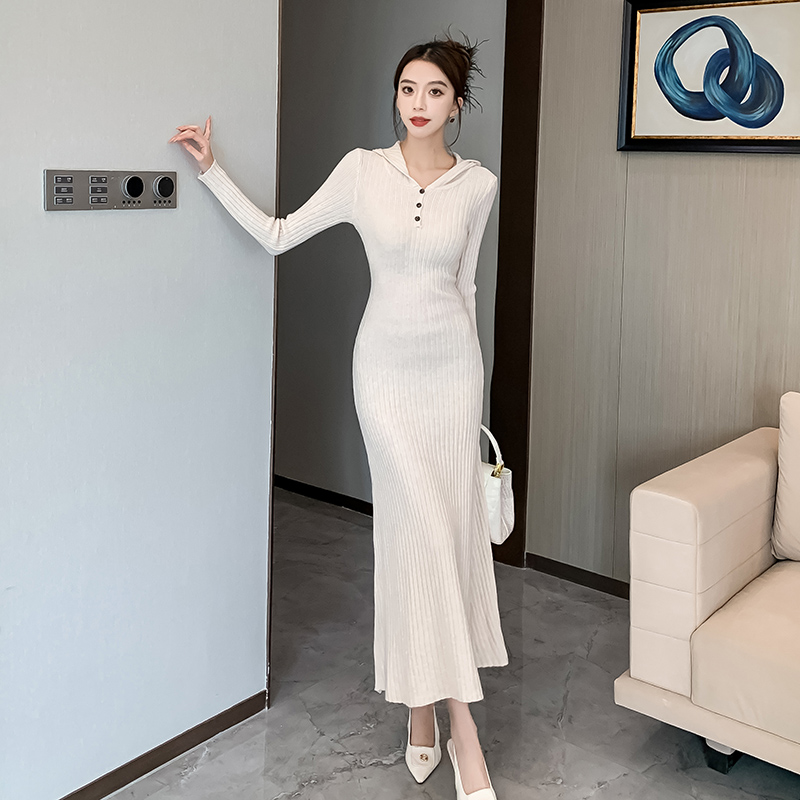 Casual ladies hooded dress slim knitted long dress