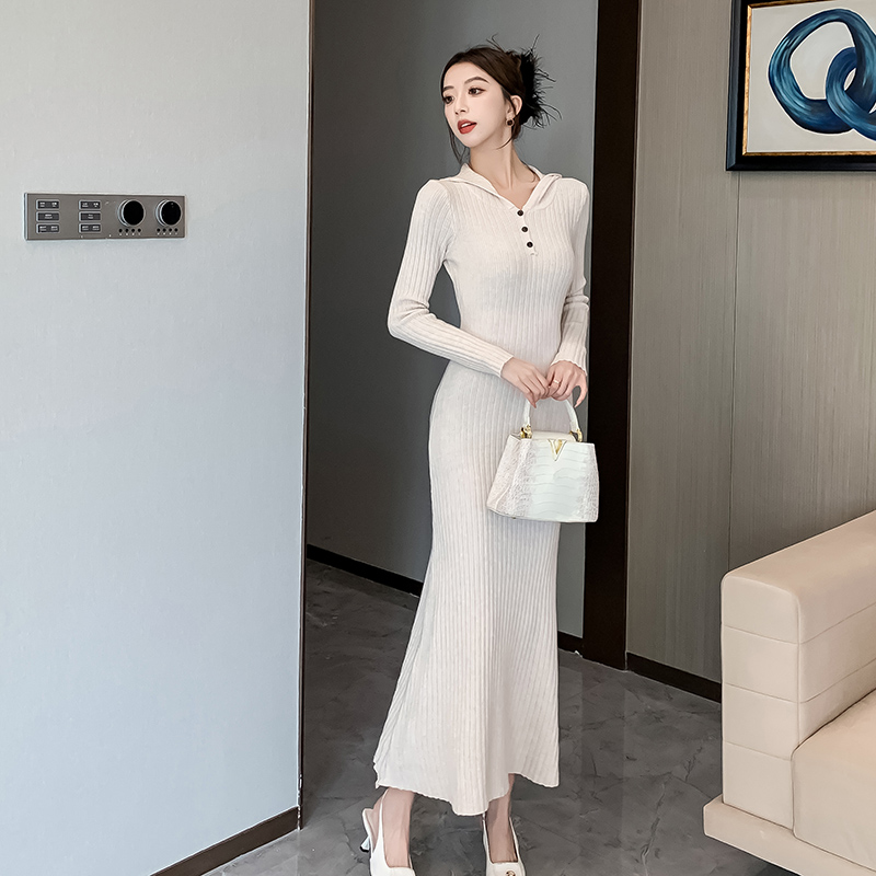 Casual ladies hooded dress slim knitted long dress