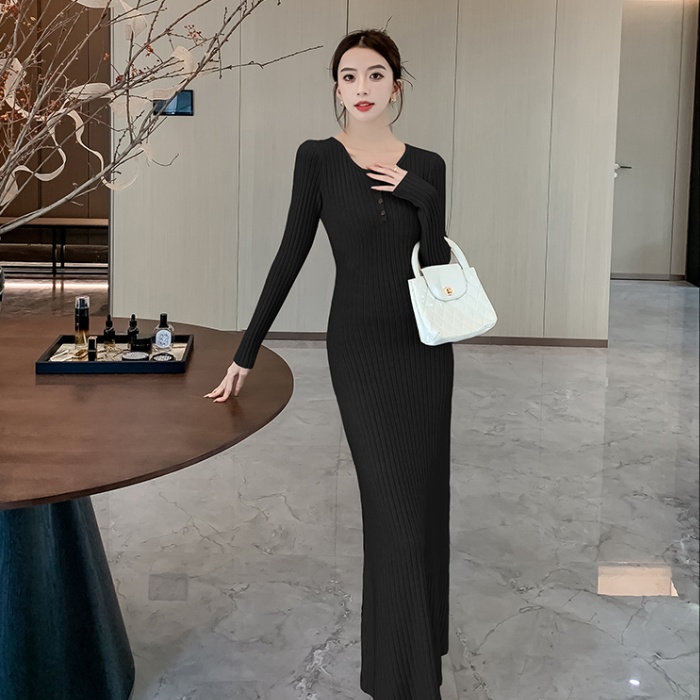 Package hip long temperament pinched waist dress