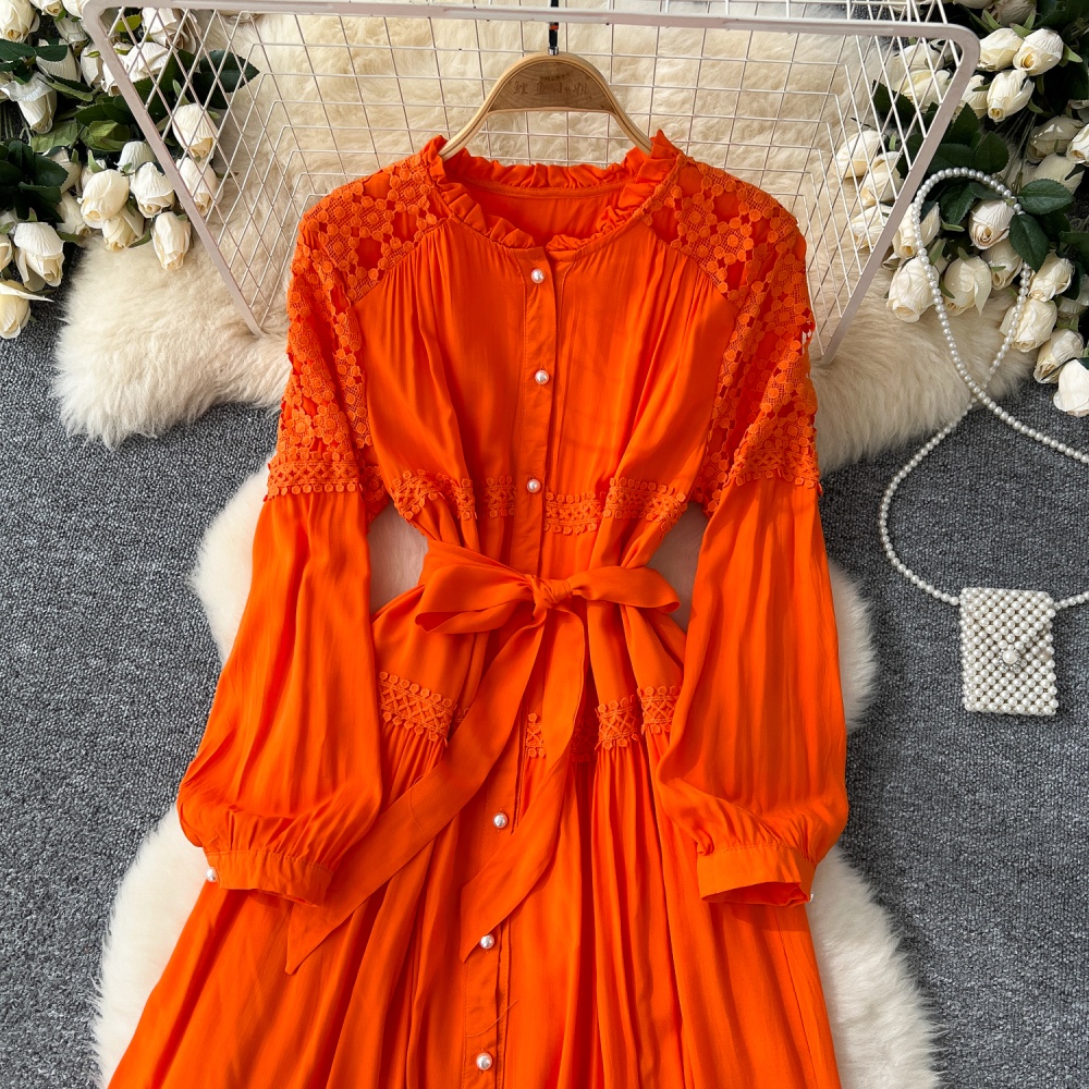 Crochet splice lace retro autumn pinched waist dress