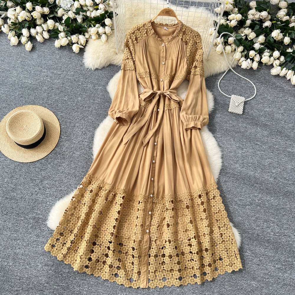 Crochet splice lace retro autumn pinched waist dress