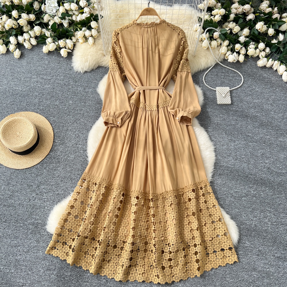 Crochet splice lace retro autumn pinched waist dress