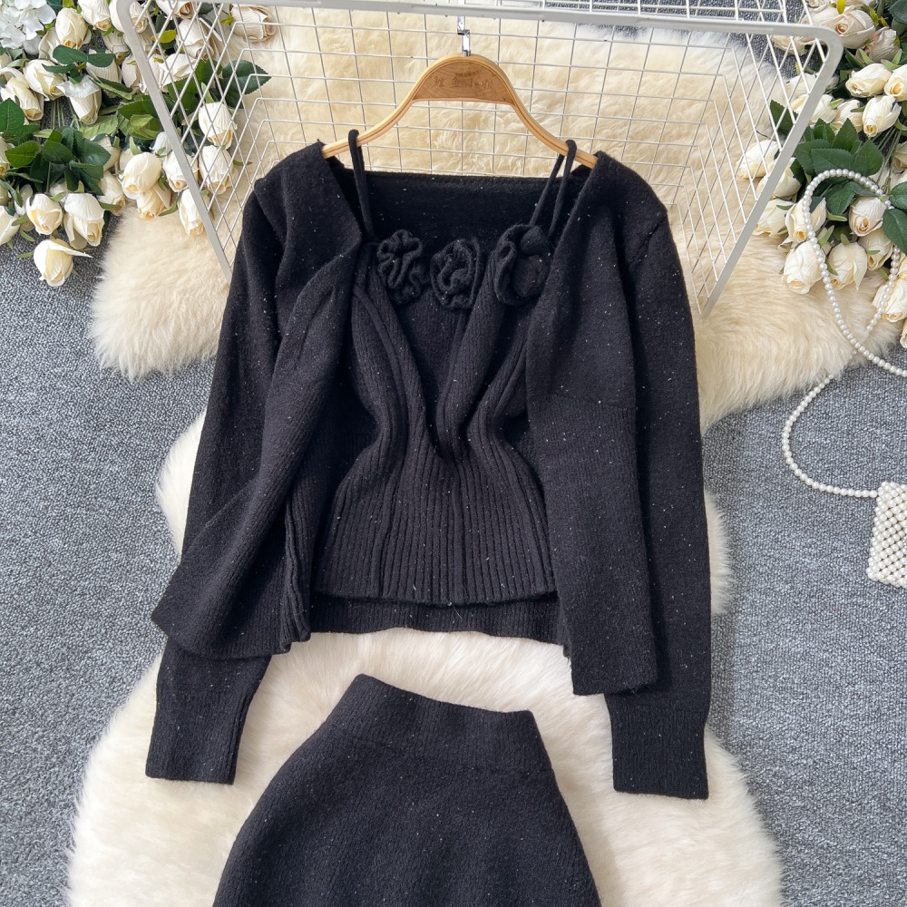 Knitted flowers cardigan high waist skirt 3pcs set