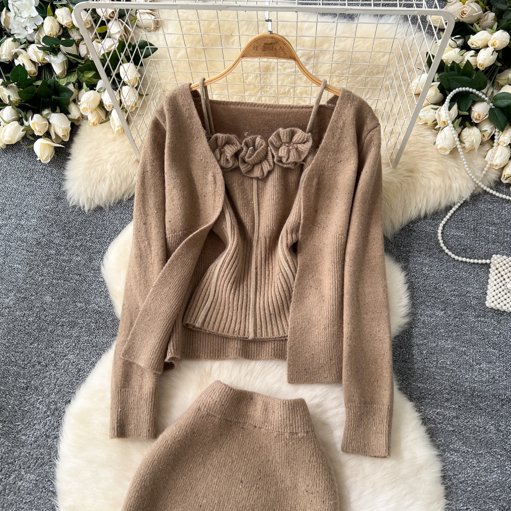 Knitted flowers cardigan high waist skirt 3pcs set