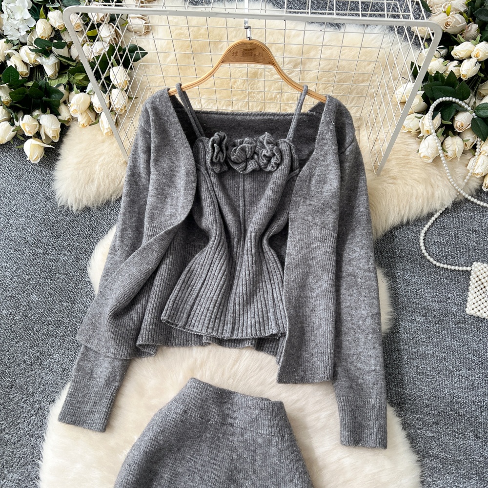 Knitted flowers cardigan high waist skirt 3pcs set