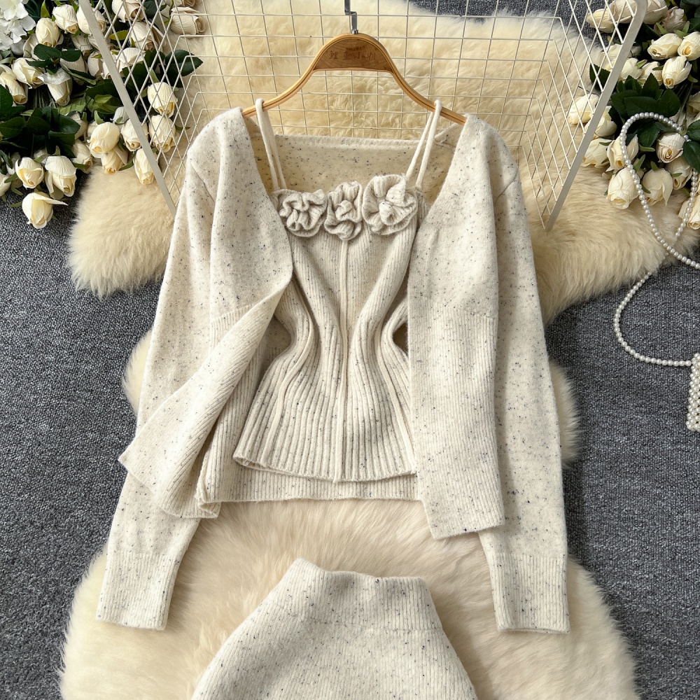 Knitted flowers cardigan high waist skirt 3pcs set