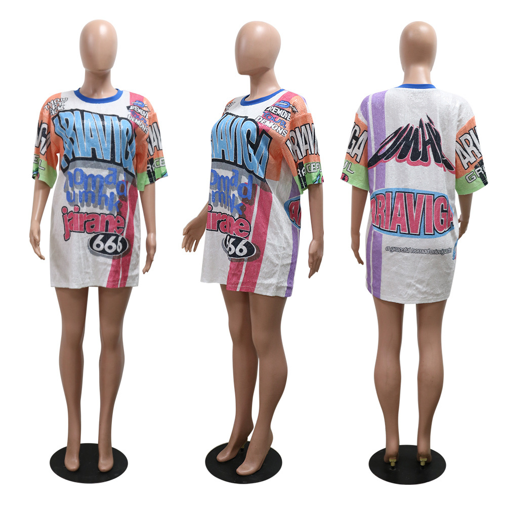 Street mixed colors simple T-shirt printing European style dress