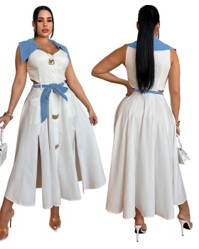 Split European style dress stitching color V-neck belt