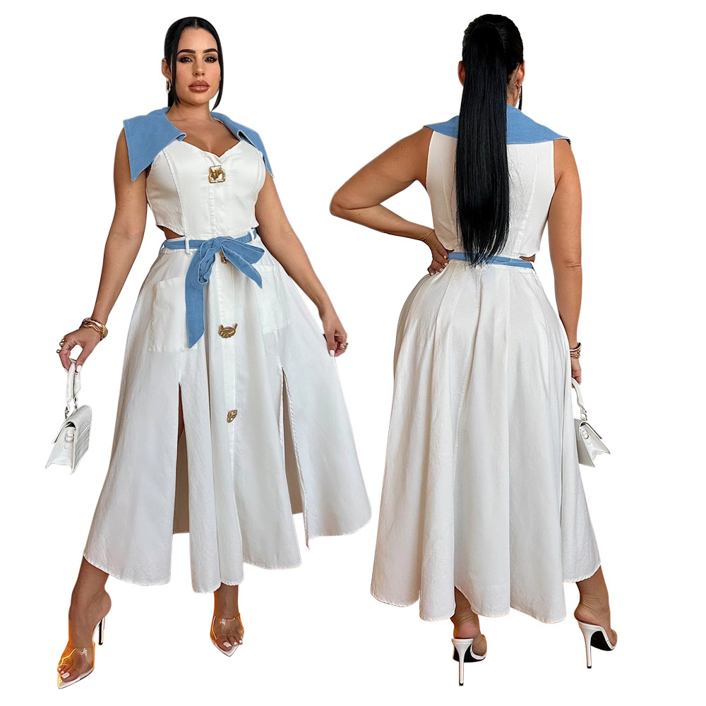 Split European style dress stitching color V-neck belt