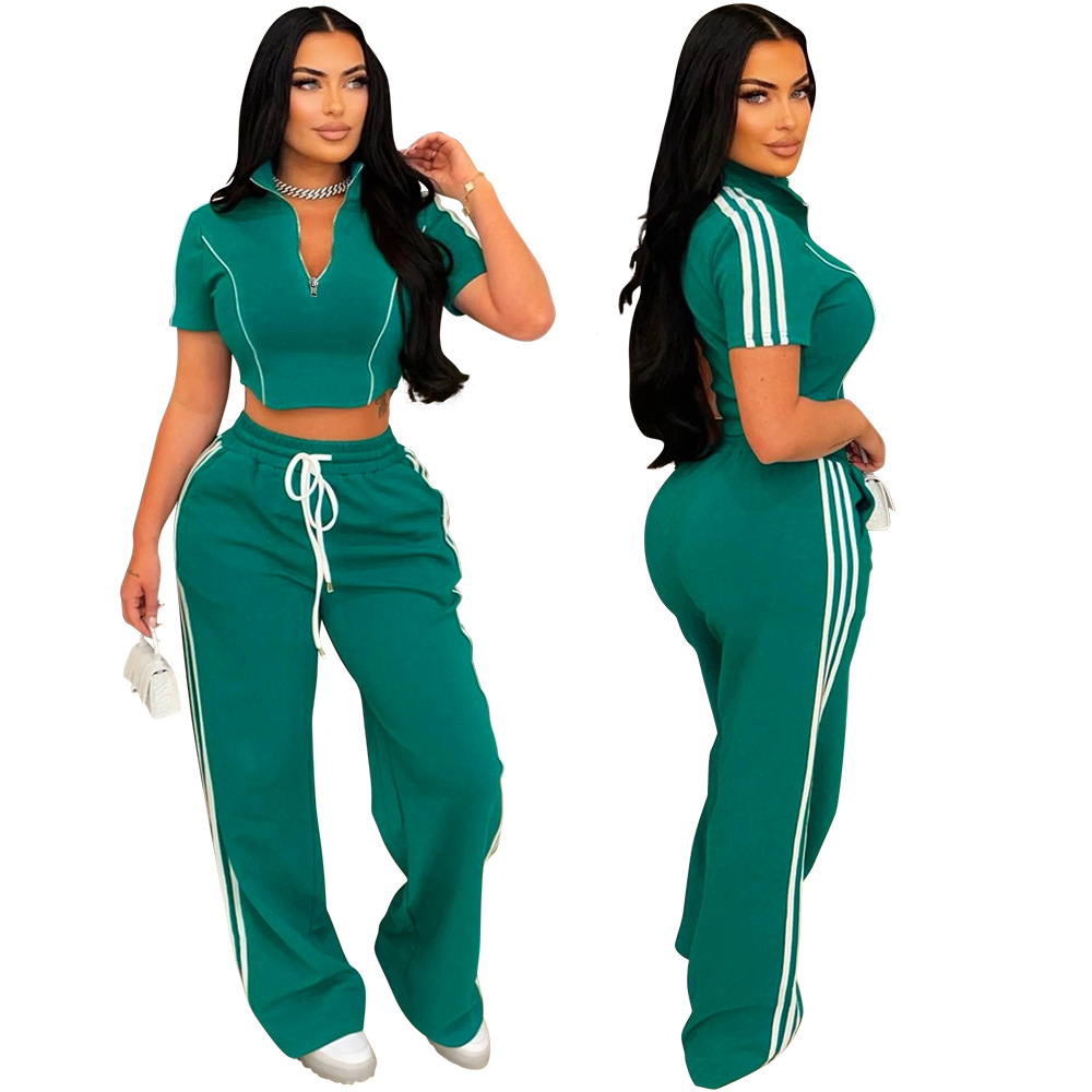 Loose fashion tops zip long pants 2pcs set for women