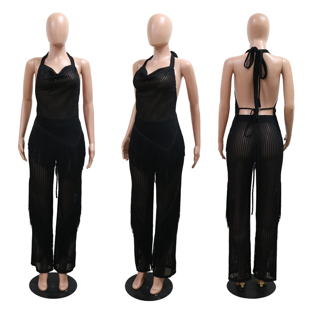 Loose halter long pants frenum tassels tops 2pcs set