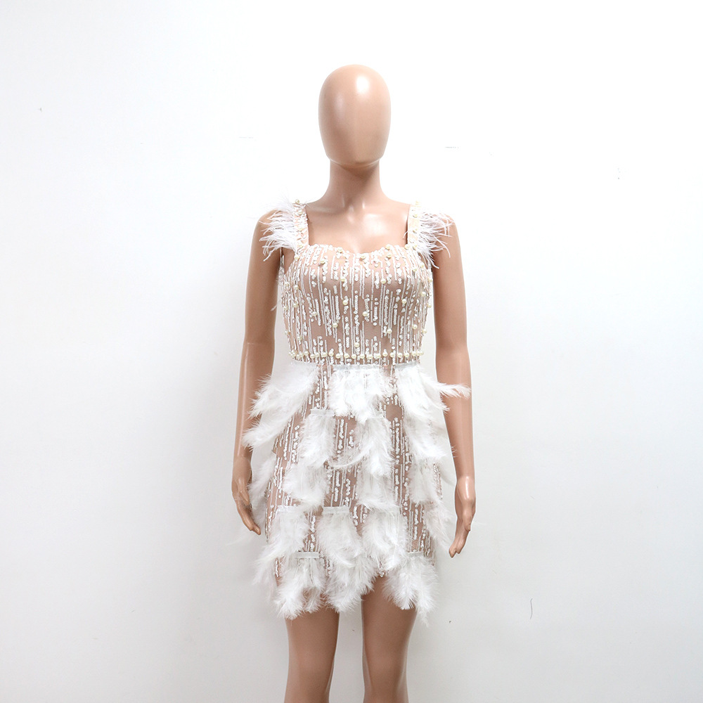 Short feather formal dress pinched waist luxurious dress