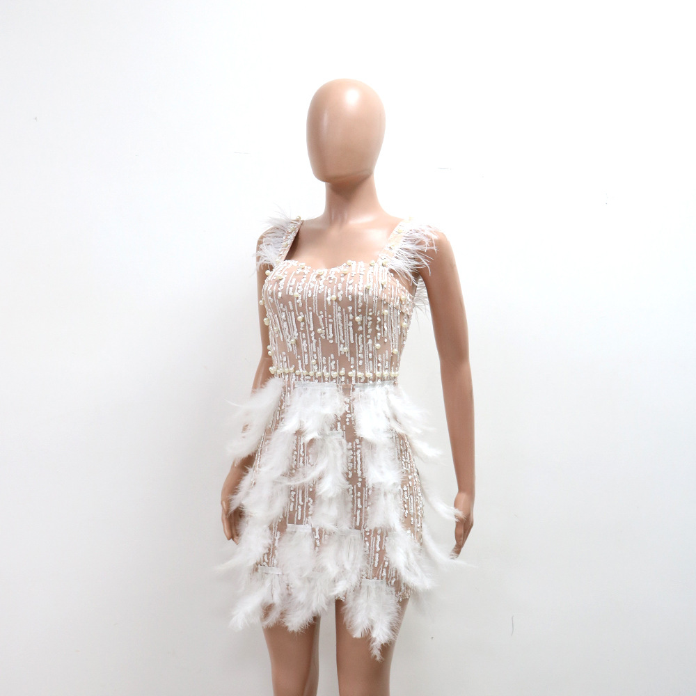 Short feather formal dress pinched waist luxurious dress